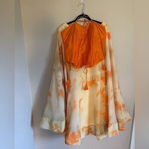 Tie-Back Orange Crop Top with Cream & Orange Tie-Dye skirt (Lehenga)
